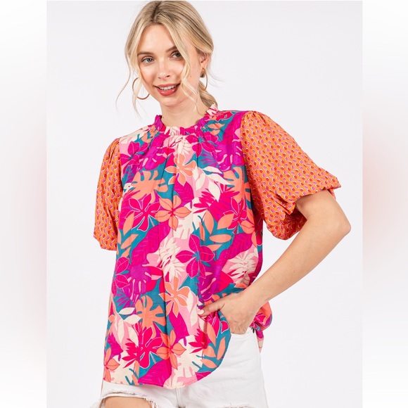 31 Boho Contrast Floral Print Woven Blouse Top - Picture 3 of 6
